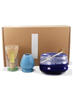 Buy Matcha Set, Matcha Whisk and Bowl Ceremony Accessory Kit with Stripe Ceramic Bowl, Matcha Whisk, Whisk Holder, Traditional Scoop, Perfect Set to Prepare a Traditional Cup of Matcha (Blue) in UAE