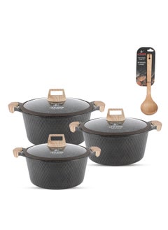 Buy LIFE SMILE Granite Stone Non-Stick Cooking Set - Multi-Layer Granite Coated Cookware with Induction Base and Bakelite Handles, 100% PFOA-Free Pots (Brown, 20/24/28CM) in UAE