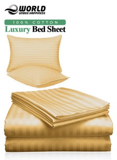 Buy 3 Piece Luxury Gold Striped Bed Sheet Set with 1 Flat Sheet and 2 Pillowcases for Hotel and Home Crafted from Ultra Soft and Breathable Cotton for Year-Round Comfort, (Single/Double) in UAE
