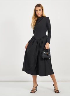 Buy Pleated Drop Waist Detail A-Line Midi Dress in Saudi Arabia