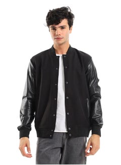 اشتري Leather Sleeves Press Buttons Closure Baseball Jacket - Black في مصر