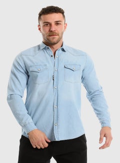اشتري Front Patched Pockets Buttoned Denim Shirt - Ice Blue في مصر