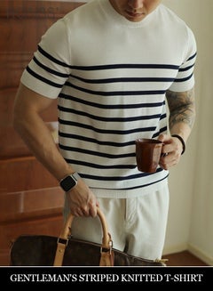 Buy Business Elegant T-Shirt Men'S Gentleman Mature Style Striped Top Stretch Round Neck Short Sleeve Pullover in UAE