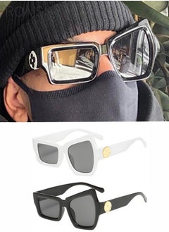 اشتري Party and Street Photography Sunglasses - Geometric Frame, UV400 Protection - 2 Pack of Eyebrow Raising Funny Eyewear for Men and Women, Black and White في السعودية