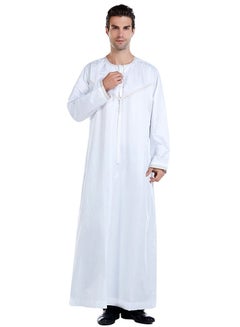 Buy Mens Solid Color Round Collar Long Sleeve Abaya Robe Islamic Arabic Kaftan White in UAE
