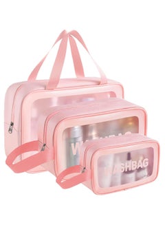 Buy Cosmetic Bag,3 Pcs Toiletry Bag Makeup Bag Travel Bag Set for Toiletries, Portable Toiletry Bags for Traveling Women, Translucent Waterproof Make Up Bag for Travel and Bathroom (Pink) in UAE