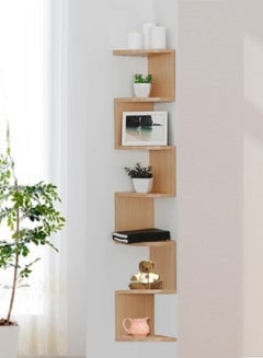 Buy Wall Mount Corner Shelf Floating Home Office Decorative Shelving Wooden 7 Tier Modern Zigzag Bookcase Object Display Organizer Light Oak Brown in UAE