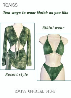 Buy Women 4pcs Tie Dye Halter Triangle Bikini Swimsuit Cover Up Top with Skirt Set Mesh Dress Swimwear Ladies Beachwear Bathing Suit for Summer Green in Saudi Arabia