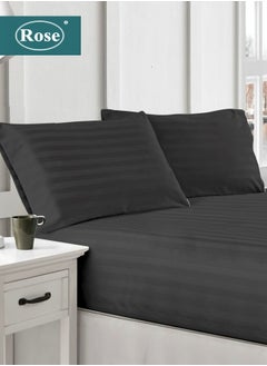 Buy Rose Luxurious Hotel Stripe Fitted Sheet with Deep Pockets and Pillow Cases, Bed Sheet 3-Pieces Set, Soft & Silky Microfiber Fabric, Breathable and Cooling (King Size 200X200+35 cm -Black) in Saudi Arabia