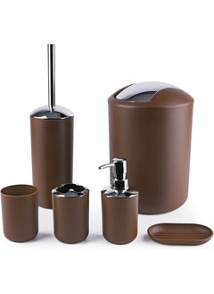 اشتري Bathroom Accessories Set, Plastic Gift Bath Set of 6 with Trash Can, Toilet Brush, Toothbrush Holder, Soap Dispenser, Soap Dish, Soap and Lotion Set, Traveling Cup (Brown) في الامارات