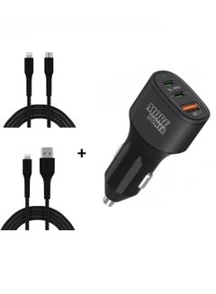 Buy More Power 3-Port Car Charger Head 60W Two Type-C Ports and A USB Port that Supports Fast Charging Technology and 2 Lightning and Type-C Fabric Cables from Lion X in Saudi Arabia