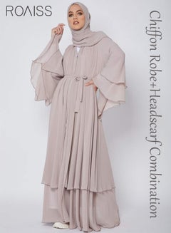 Buy Women's Chiffon Long Dress Set Solid Color Long Sleeved Cardigan With Waistband (Excluding Headscarves) in Saudi Arabia