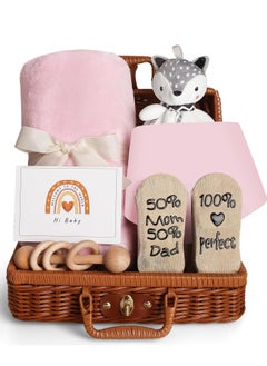 اشتري Baby Shower Gifts, New Born Baby Gifts for Boys, Unique Baby Gifts Basket Essential Stuff - Baby Lovey Blanket Newborn Bibs Socks Wooden Rattle & Greeting Card, Newborn Baby Gift Set في الامارات