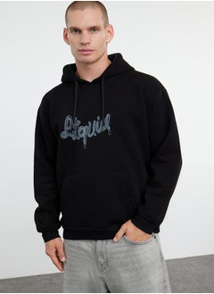 Buy Black Oversize/Wide Cut Hooded Sweatshirt with Text Print and Fleece Inside in Egypt