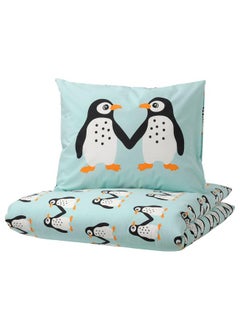 Buy Duvet Cover And Pillowcase Penguin Pattern And Light Turquoise 150X200 And 50X80 Cm in Saudi Arabia