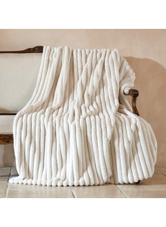 اشتري Luxury Jacquard Striped Faux Fur Throw Blankets, 630GSM Soft and Warm Thick Cozy Throws, Milky Fluffy Plush Blanket for Sofa Couch Bed Living Room in Fall Winter, Ivory, 50"x 60" في السعودية