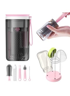 Buy Baby Bottle Brush Set with Extendable Silicone Bottle Brush, Pacifier Brush, Drying Rack, Straw Cleaner Brush, Soap Dispenser, Suitable for Home, Travel, and Family Visits, Pink in Saudi Arabia