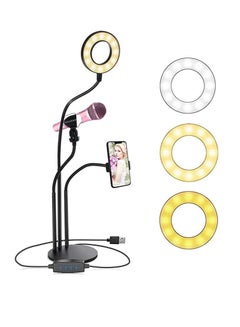 Buy 3 in 1 Phone Stand Holder Clip Selfie Ring Light 3 Color Adjustable and Microphone in UAE