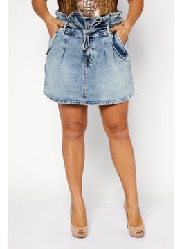 اشتري Women Washed  Belted Mini Denim Skirts, Blue في الامارات