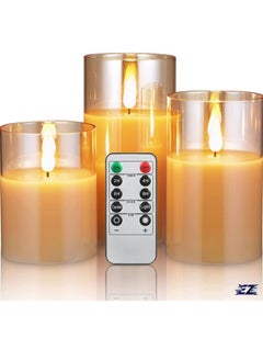 Buy LED Flameless Candles – Battery Operated with Real Wax, Flickering Moving Wick Effect, Gold Halloween Glass Candle Set, Remote Control & Cycling Timer, 10cm, 12.5cm, 15cm, Set of 3 in UAE