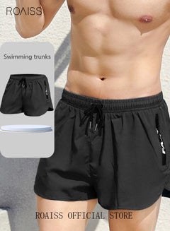 Buy Men's Swimming Trunks Beachwear Quick Dry Double Layer Beach Pants Gym Wear Fitness Workout Short Sports Running Boxer Swim Shorts Swimsuit Summer Pure Black in UAE
