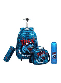 اشتري Eazy Kids 18Inch Set of 4 Trolley School Bag with Stainless Steel 640ml Water Bottle Lunch Bag and Pencil Case - TREX Dinosaur - Blue في الامارات