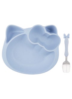 Buy Shallow Wheat Straw Tableware Set - Kitten Design Bowl with Cute Stainless Steel - Blue, BD-WS-18 in UAE