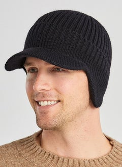 اشتري Men's Winter Visor Beanie Hat with Earflaps Knit Baseball Cap with Brim Ski Hat Warm Fleece Lined Hunting Hat Black في الامارات