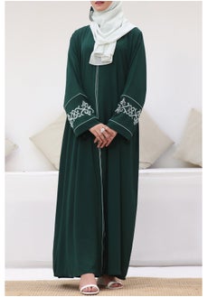 Buy Front Open Style Abaya Chiffon Fabric Bottle Green Color Embroidery on Sleeves Sheila is Included in Saudi Arabia