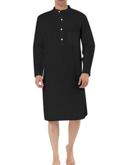 Buy Men's Muslim Stand Collar Robe Thobe Solid Color Long Sleeve Kaftan Casual Shirt Black in UAE