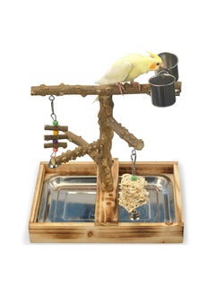 Buy Natural Wood Bird Toys Playground, Bird Cage Accessories, Bird Perches, with Removable Tray and 2 Stainless Steel Cups in Saudi Arabia