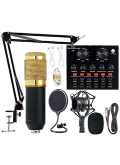 Buy Professional Condenser Microphone With V8S Live Sound Card And Studio Recording Broadcasting Set Black/Gold in UAE