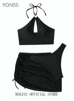 Buy 3 Pack Bikini Sets Textured Ring Linked Halter Beachwear Ladies Tankini Swimsuit Hollow Out Beach Skirt Push Up Swimwear Pure Black in Saudi Arabia