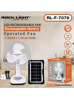 Buy 12-inch LED Rechargeable Fan RL-F-7079 with 3 Blades, LED Night Light, 180 Degree Rotation, USB for Chargin Phone, 2 Speed Choice, 2 Bulbs a Solar Panel in UAE