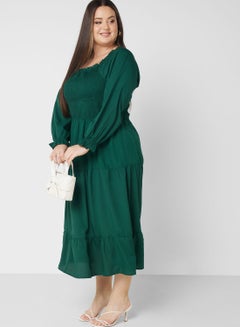Buy Square Neck Smock Detail Tiered Dress in UAE
