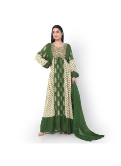 Buy EMBROIDERED WITH PRINTED SOLID GREEN COLOUR ARABIC JALABIYA DRESS in UAE