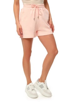 Buy Women's Cotton Sports shorts with an elastic waistband and drawstrings Loose Fit Pink in UAE