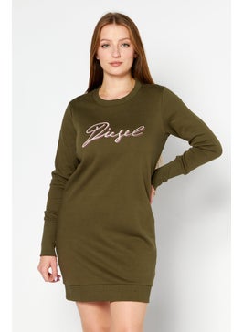 Buy Women Crew Neck Long Sleeves Brand Logo Sweater Dress, Olive in Saudi Arabia