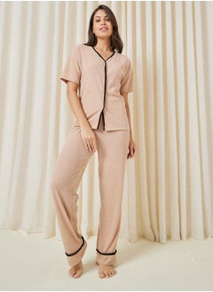 Buy Textured Rib Contrast Edge Shirt & Pyjama Set in Saudi Arabia