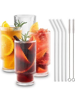 اشتري Ribbed Glassware Drinking Glass Set, 350ml Durable Fluted Glassware 4PCS Set, Vintage Drinking Glass Cups, Large Drinking Glasses, With Glass Straws and Brush, For All Purpose في السعودية