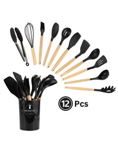 Buy Cooking Utensil Set 12 Pcs Non-Stick Silicone Spatula Set Kitchen Utensils Set With Wood Handles Kitchen Spatula Cookware Utensils Set for High Heat Resistant Silicone kitchen Tools Set in UAE