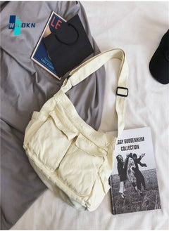 Buy Unisex Retro Canvas Large-capacity Crossbody Bag for Students, Fashionable Workwear Style Shoulder Bag for Men and Women, 98% Cotton, Lint-free Ball Multi-pocket Tote Bag(White) in UAE