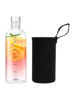 Buy Glass Water Bottle with Time Marker Reusable Glass Beverage Bottle Milk Bottle Juice Bottle Glass Drinking Bottle with Protection Sleeve750ml in Saudi Arabia