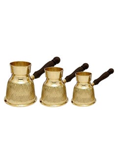 Buy Majestic Brass Turkish Coffee Pot Set of 3 – Golden Color, Textured Design, Capacities: 190 ml, 280 ml, 400 ml – Handcrafted with Wooden Handle, Perfect for Turkish Coffee, Arabic Coffee, Tea, Milk, and Hot Beverages in UAE