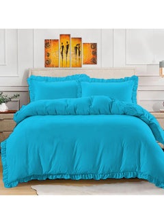 Buy BedDecor Ruffled Trim Duvet Set Super-Soft Breathable Zipper and Corner Ties with 2 Matching Pillow Sham 600TC TurquoiseBlue in UAE