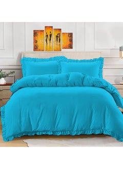 Buy BedDecor Ruffled Trim Duvet Set Super-Soft Breathable Zipper and Corner Ties with 2 Matching Pillow Sham 600TC TurquoiseBlue in UAE