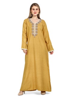 Buy SMALL PRINT WITH NECK EMBROIDERY BROWN COLOUR CASUAL ARABIC KAFTAN JALABIYA DRESS in Saudi Arabia