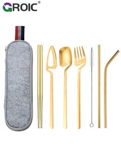 Buy 8PCS Stainless Steel Flatware Set Portable Reusable Cutlery Set Travel Utensils Set Including Chopsticks Knife Fork Spoon Straws Cleaning Brush Dishwasher Safe (Golden) in UAE