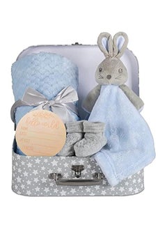 اشتري Baby Boy Gift Set New Born Baby Gifts Baby Blue Bunny Security Blanket Soft Fleece, Suitcase Keepsake Box Blanket Booties & Baby Gift Basket – Unique Present for Baby Shower & Newborn Lovey Welcome في الامارات