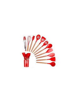 Buy Silicone kitchen distribution set with a heat-resistant wooden handle, consisting of 11 pieces, with a dedicated stand (red) in Egypt